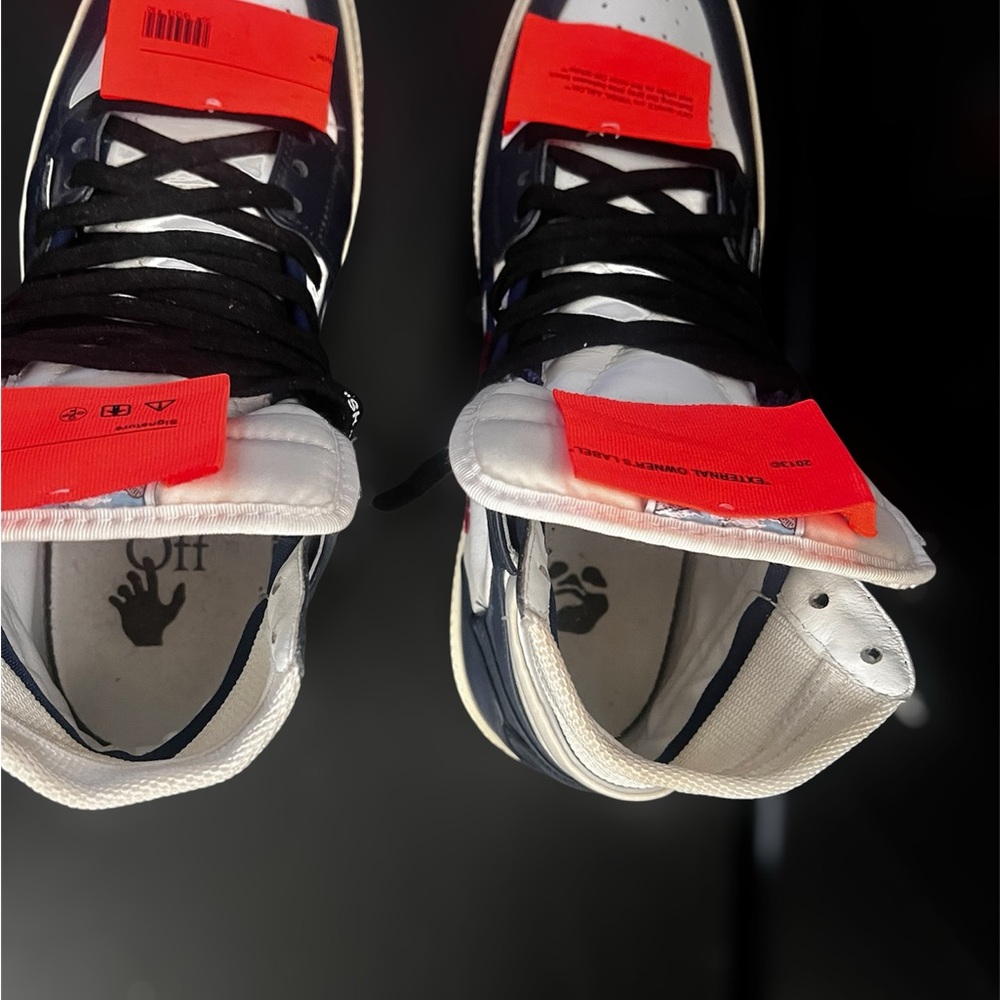 Off-White Dark Blue and White High Top Sneakers - Picture 5 of 9